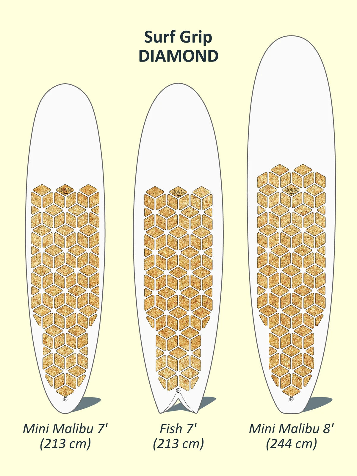 Plan de pose cotée du grip OAX DIAMOND pour une planche de surf 7'8, version liège