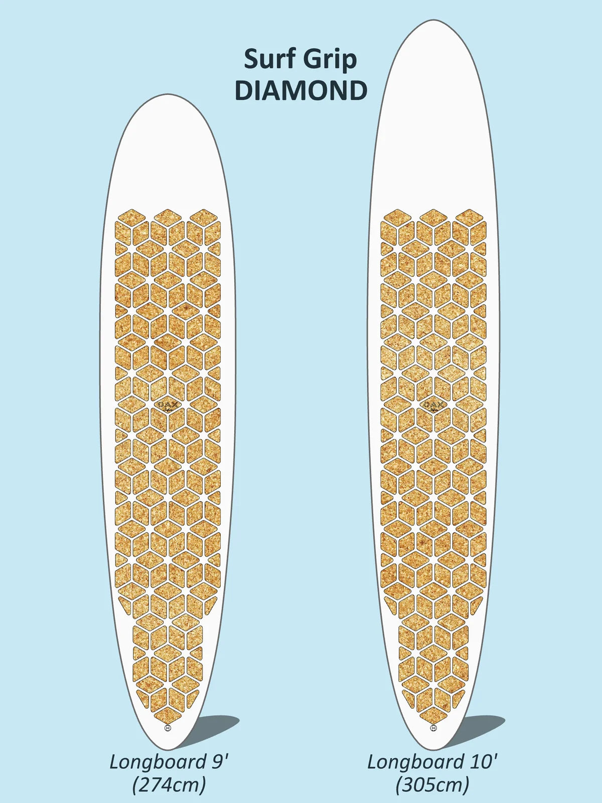 Plan de pose cotée du grip OAX DIAMOND pour une planche de surf 9'10, version liège