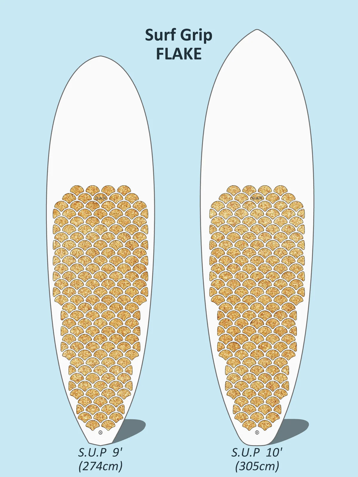 Plan de pose cotée du grip OAX FLAKE pour un stand up paddle 9'10, version liège