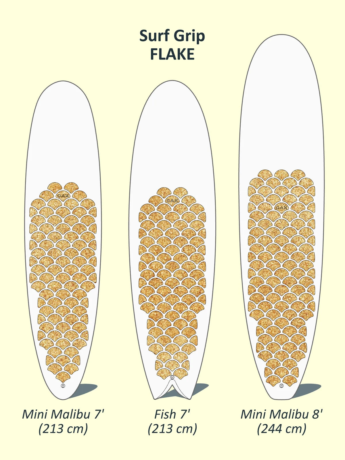Plan de pose cotée du grip OAX FLAKE pour une planche de surf 7'8, version liège