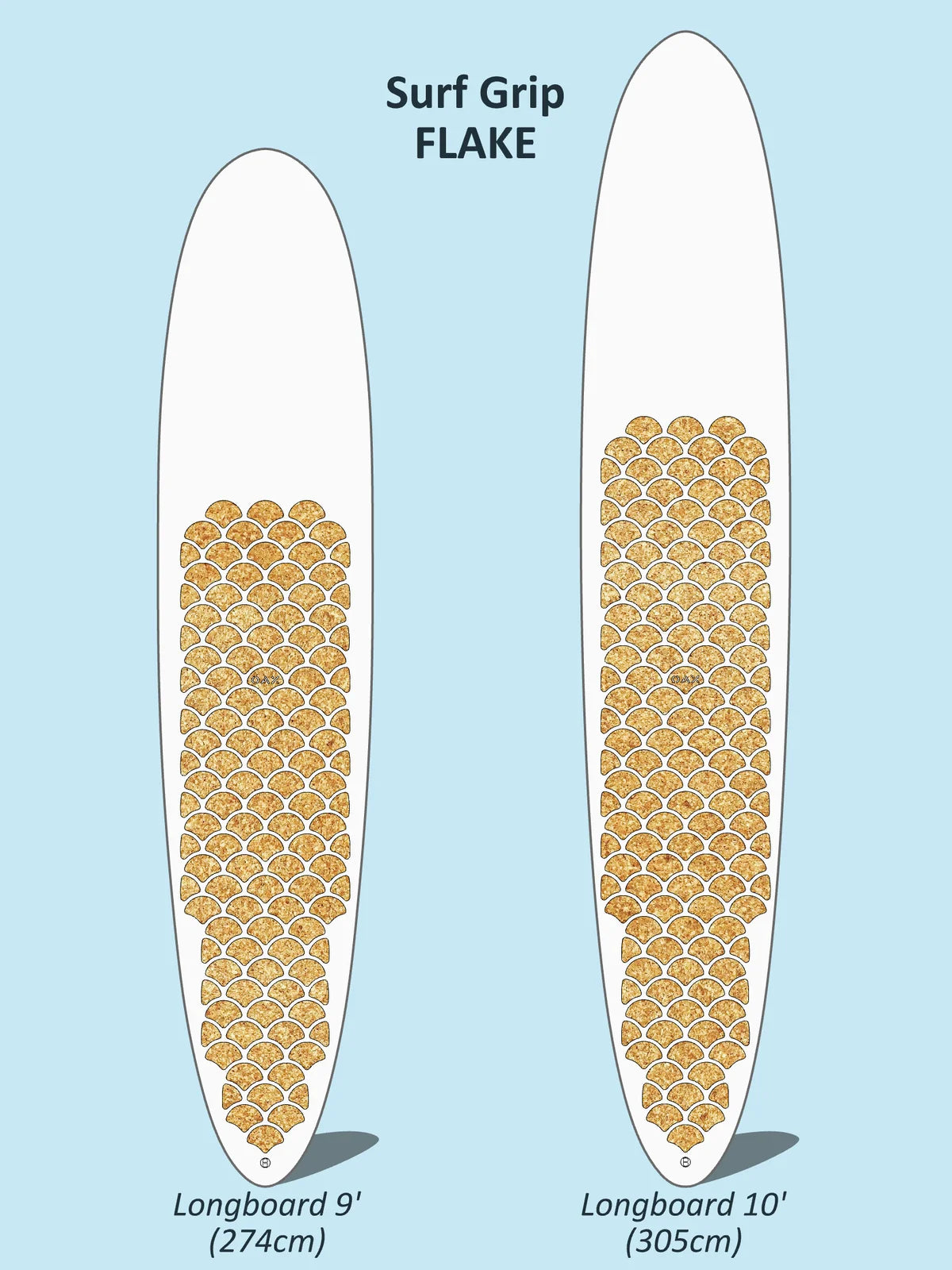 Plan de pose cotée du grip OAX FLAKE pour une planche de surf 9'10, version liège
